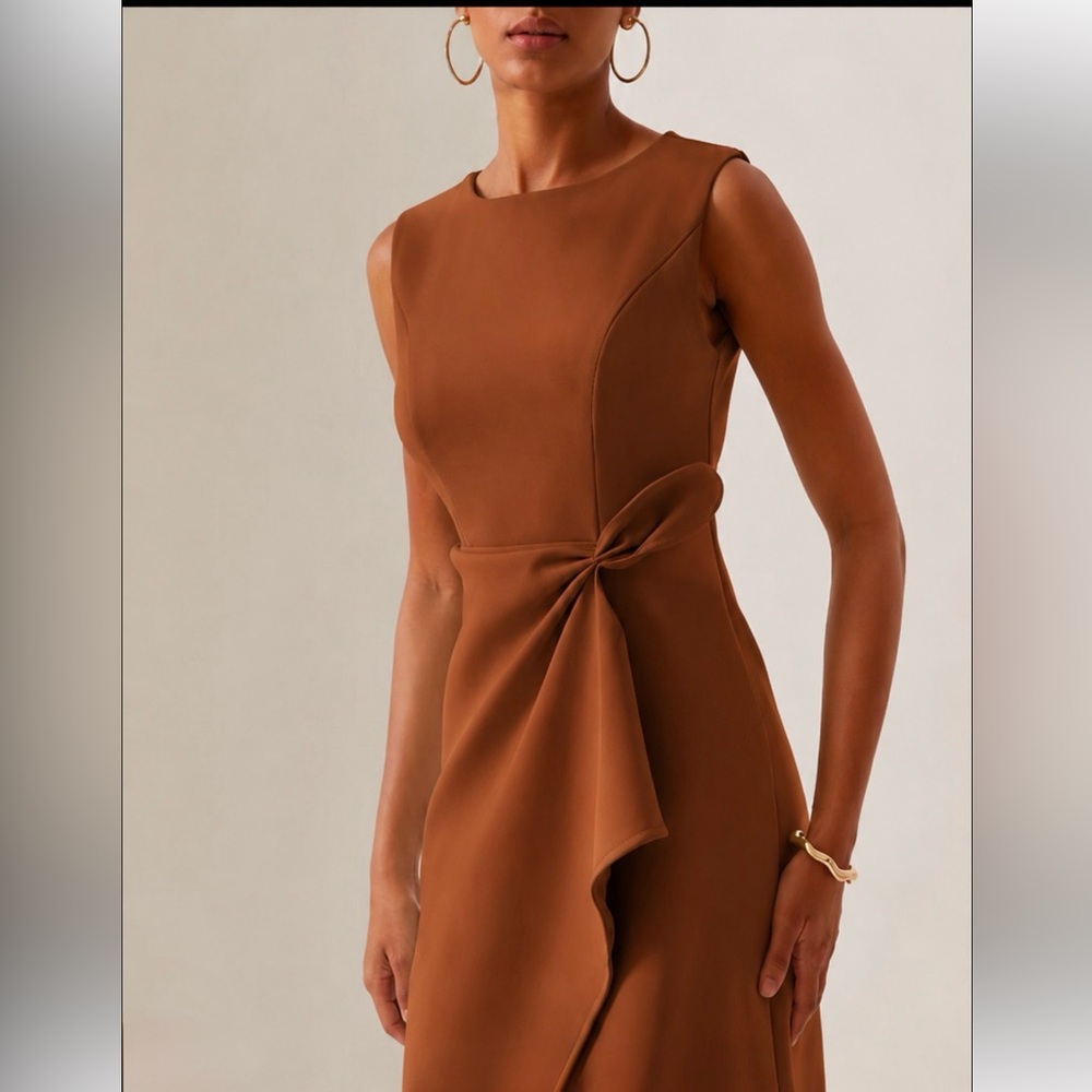 NWT Fehaute Spice Terracotta Brown Asymmetrical Sleeveless Flounce Midi Dress 10 - Picture 2 of 13